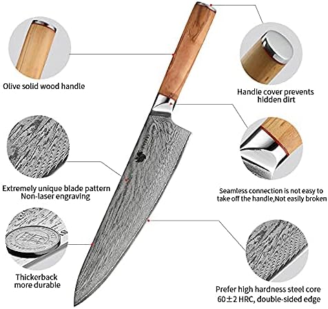 Kitchen Chef Knife Conjunto de 7 peças, feita de aço japnese Aus10 Damasco, faca de cozinha premium com alça de madeira de azeitona