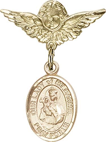 Rosgo do bebê de obsessão por jóias com Nossa Senhora do Mount Carmel Charm e Angel With Wings Badge Pin | Crachá de bebê