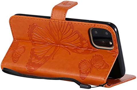 Caso para iPhone 11, Techcircle Butterflies em relevo em estojo de carteira de fólio à prova de respingos com suporte de cartão e pulseira [kickstand] Tampa magnética para Apple iPhone 11 2019, laranja