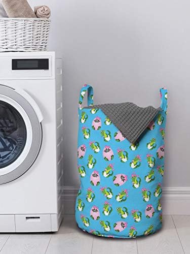 Bolsa de lavanderia de Gator de Ambesonne, padrão de crocodilos de desenho animado em ovo com fita e teta, cesta de cesto com alças fechamento de cordão para lavanderias, 13 x 19, rosa azul -céu profundo