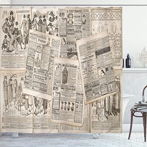 Cortina de chuveiro de jornais antiga de Ambesonne, páginas envelhecidas nostálgicas com revistas de moda de publicidade antiga estampas retrô, decoração de banheiro de tecido com ganchos, 69 W x 84 L, bronzeado preto tan