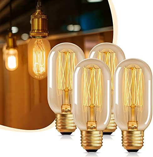 Bulbos de Edison [4 pacote], lâmpadas Doresseshop de 60 watts, lâmpadas incandescentes, T45, 110-130 volts, lâmpada E26, lâmpadas de filamento de esquilo, lâmpadas decorativas diminuídas, vidro âmbar, branco quente