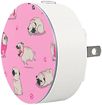2 Pacote de plug-in nightlight LED Night Light tocando Pug Dog Funny Pink com Dusk-to-Dawn para o quarto de crianças, viveiro,