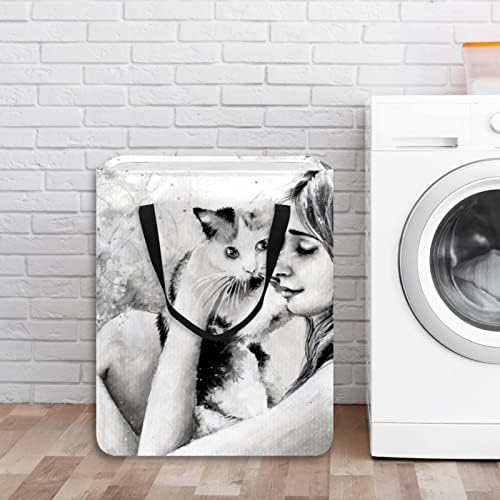 Beleza menina e gato estampa de estampa de gato lavanderia cesto, cestas de lavanderia à prova d'água de 60l armazenamento de