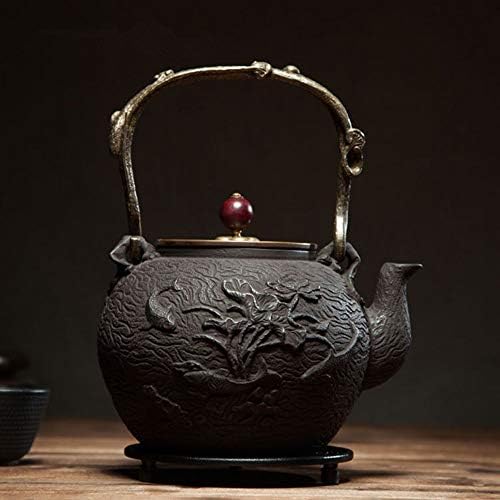 Bule de chá 1200 ml de ferro fundido bule chineses padrão anti-escaldado alça de fundo artesanal de chaleira de fundo plano conjunto de chá não revestido bule de ferro fundido