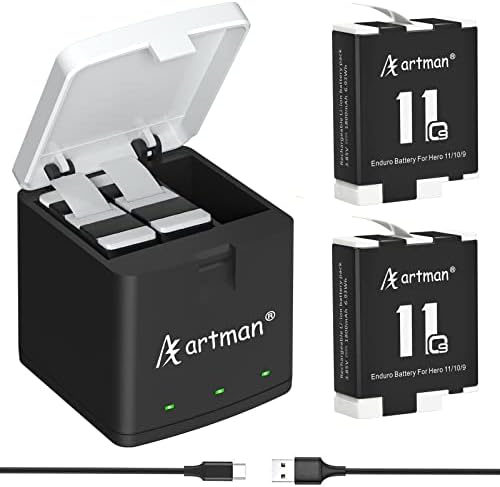 Artman Enduro Battery 2-Pack e 3 canal Charger compatível com a GoPro Hero 11 Black/Hero 10 Black/Hero 9 Black