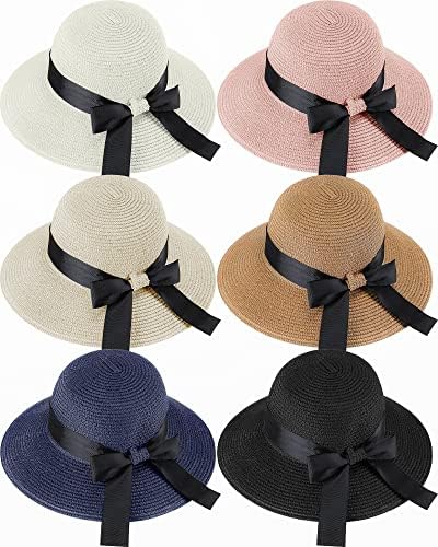 6 PCs Chapéu de palha feminino com gravata borboleta fita de fita de verão chapéu de panamá grande larga larga largura praia happy chapéu