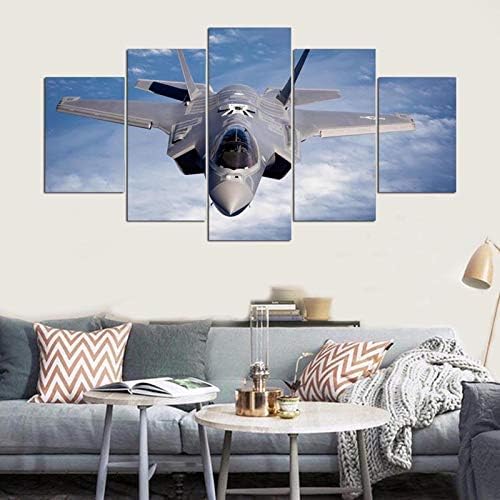 HAOSHUNDA F35 Aeronaves de jato militar Aircraft Decor de parede de 5 painéis de tela impressa arte de parede para sala de estar