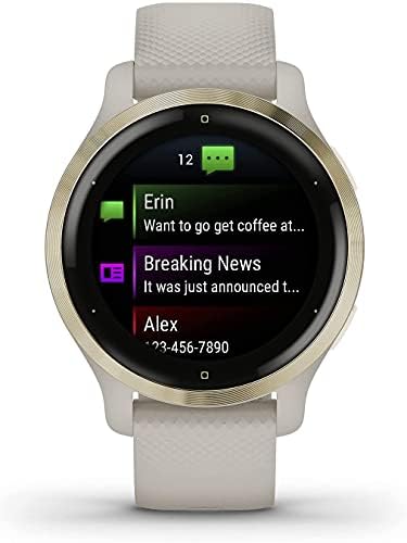 Garmin Venu 2s, GPS Smartwatch com monitoramento avançado de saúde, areia clara com hardware de ouro claro, com bateria