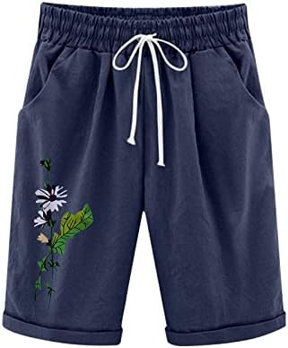 Mulheres de verão shorts de linho de algodão Plus Tamanho Bermuda Shorts Praças elásticas da cintura elástica com bolsos lombros de praia soltos