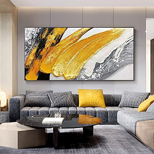 Wunm Studio CE 3D Resumo Pintura a óleo Óleo Madethick Óleo sobre tela -Folha de enxerto e pintura a óleo dourado A arte da parede moderna Imagem enorme villa para decoração caseira sem moldura, branco, 70x140cm