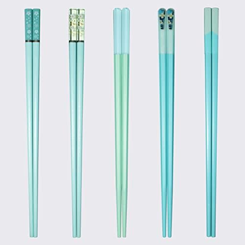 Helerkol 5 pares azuis de fibra de vidro verde dos pauzinhos reutilizáveis ​​de pauzinhos japoneses coreanos chineses que não tiram