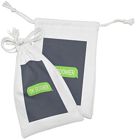 Ambesonne Ok Boomer Fabric bolsa Conjunto de 2, estilo de texto do telefone celular Mensagem moderna de mete mensagem em cenário escuro, pequena bolsa de cordão para máscaras e favores de produtos de higiene pessoal, 9 x 6, azul escuro azul e verde