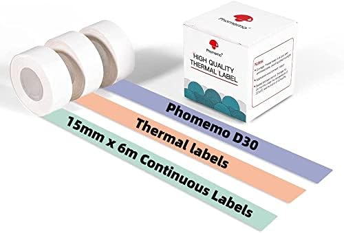 Phomemo D30 Labels-15mm x 6m Fita de fabricante de etiquetas contínuas, adesivo Térmico Fita de etiqueta auto-adesiva para Phomemo D30 Impressora de etiqueta, fita de etiqueta branca rosa roxo, 3 rolos