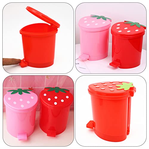 OPERITACX Desktop Strawberry Lixer lata de lata 2pcs mini lixo de plástico pode cesta de lixo com tampa de desenho animado lixo