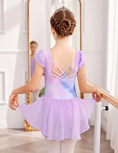 Arshiner Girls Shiny Ruffle Sleeve Ballet Leotard com saia Criss-Cross Back Dance Vestres