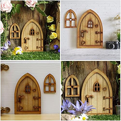 Kesyoo 1 Conjunto do kit de artesanato de porta de janela de fada Wood Wood Window Window Feliz Mini estátua Gnome House Acessórios