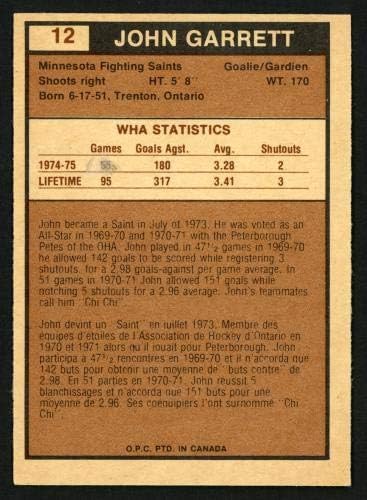 John Garrett autografou 1975-76 WHA O-PEE-Chee Card #12 Minnesota Fighting Saints SKU #151394-Cartões de futebol autografados da NFL