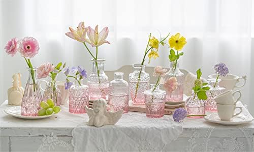 Conjunto de vasos de broto de vidro rosa de 10 - mini vasos vintage para decorações de casamento, decoração de flores