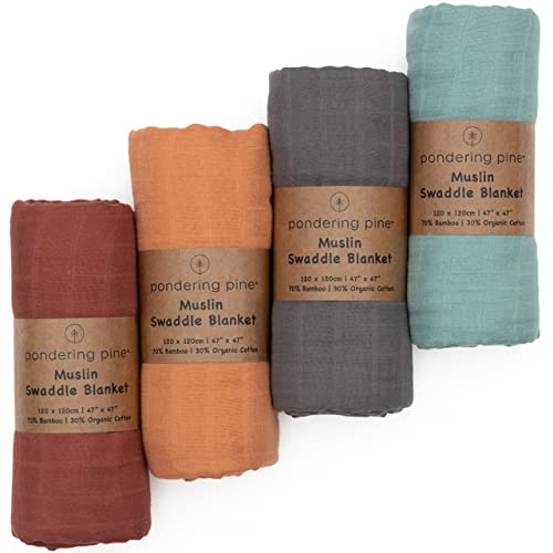 Pondering de pinho Organic Muslin Swaddle Blanket - Bebê recebendo cobertores neutros - Boho Earth Tone Collection, 4 pacote, 47 x 47