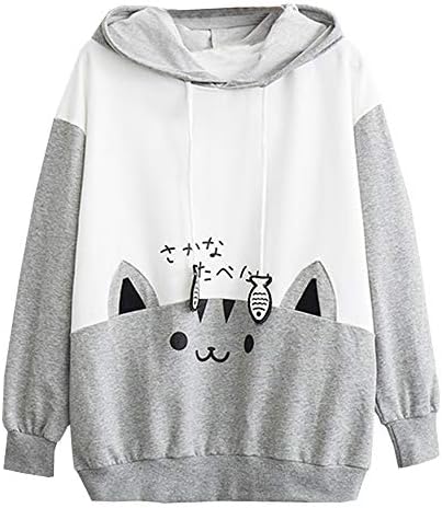 KULYWON WOMENS CASual Casual Manga Longa Kitty Cat bolso de bolso de capuz fino camisa superior