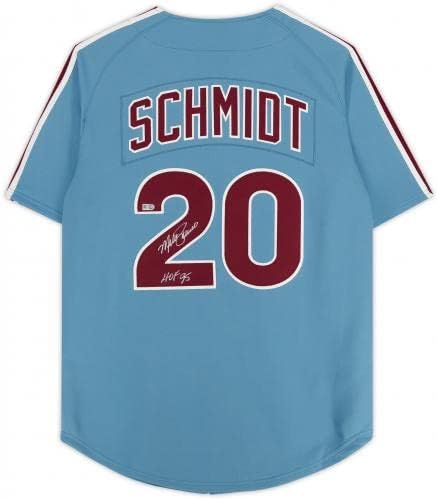 Mike Schmidt Philadelphia Phillies autografou a camisa autêntica azul clara Mitchell e Ness com inscrição HOF 95 - camisas MLB autografadas