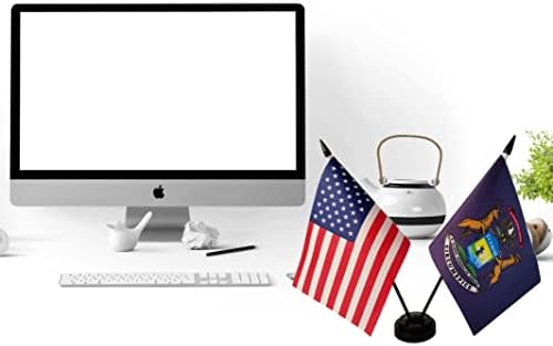 America & Michigan Twin Desk Flag, Us Michigan Table Bandeiras, 8 x 5 polegadas American & Michigan Deluxe Set Fand Set -