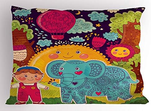 Ambesonne Elephant Pillow Sham, desenho animado na floresta com sol sorridente e animal de flor com motivos, almofada de tamanho