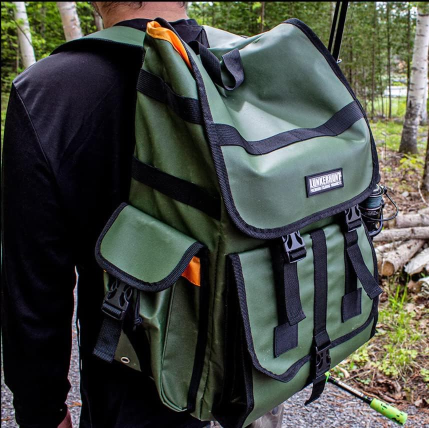 LunkerHunt LTS Fishing Tackle Backpack com 2 suporte de haste + 3 caixas de equipamento, interior espaçoso de 30L, design