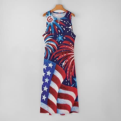 4 de julho Vestido maxi para mulheres Logo Casual Summer Boho Dress Dress sem mangas Vestido de decote em V American Flowy Beach Dresses