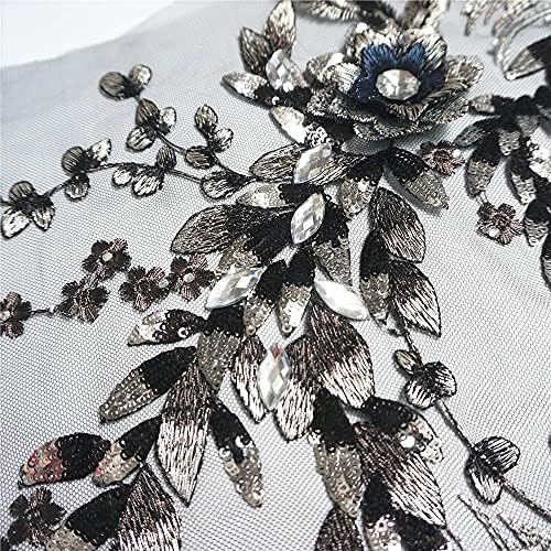N/A Tecido preto Flores 3D Flores contas lantejoulas Apliques de shinestone Bordado Encontras de renda Mesh costurar no patch