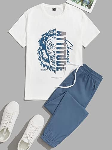 Nibhz roupas de duas peças para homens, letra e leão, camiseta gráfica e calça de cintura de cordão
