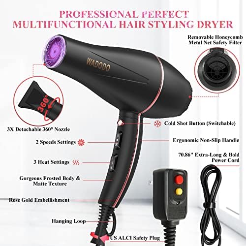 Secador de cabelo iônico wadodo, 2200w Secador profissional de cabelo de secagem rápida Viagem secadora de cabelo, motor