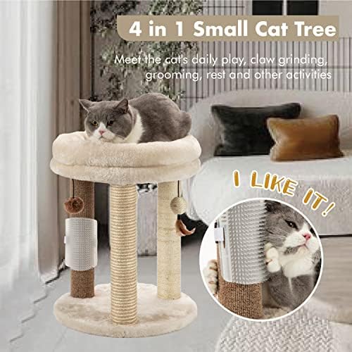 MECOOL 4In1 Árvore de gato pequena, postagem de arranhões com cama de gato macia da torre, postes de juta de carpete sisal com três brinquedos de bola suspensa e escova de massagem para gatos e gatinhos internos