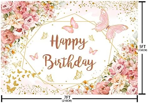 Aibiin 7x5ft Feliz aniversário cenário para mulheres rosa Butterfly Floral Birthday Party Decorações da festa de aniversário