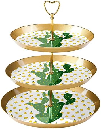 Bolo Stand Conjunto de 3 cupcakes de camada Stands Plates de pastelaria reutilizáveis ​​para decorações de festas de chá de aniversário de casamento, desenho animado de cacto de limão de fruta de verão