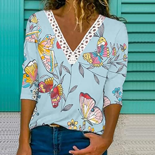 Manga comprida Comfort Color Roupas de renda na moda Casco de algodão V Neck Blush Blouse para mulheres camiseta de outono de verão B7