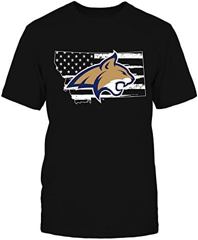 Fanprint Montana State Bobcats T -shirt - Estado do logotipo - Nação Flag