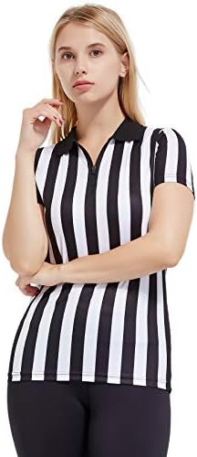 Fitst4 Fitst4 Feminino Feminino Black & White Stripe Arrebérico Camisa com zíper de colarinho V camiseta de manga curta de árbitros