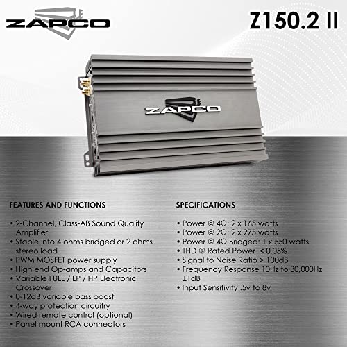 ZAPCO Z -150.2 II 2 canal som Q classe AB amplificador - amplificador de concorrência de ponte de alcance completo - Ótimo para alto -falantes e subwoofers - melhore o sistema de áudio completo, qualidade de som e baixo - preto