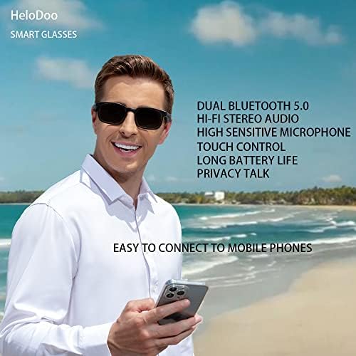 Óculos inteligentes helodoo com bluetooth duplo 5.0 alto -falantes estéreo ao ar livre direcional, painel de toque, duração da bateria longa 12 horas