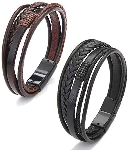 Pulseira de couro masculino de 1 pacote Akoak - pulseira de fivela magnética de couro de várias camadas, pulseira de couro