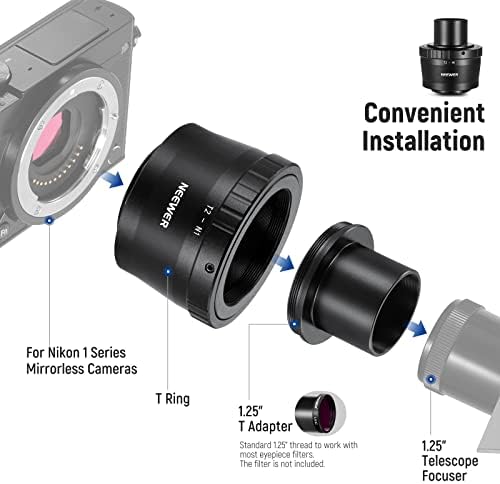Adaptador de anel T Newer Conjunto, adaptador de lente da câmera de anel T2 e adaptador de montagem telescópio T M42 a 1,25 , compatível com câmeras sem espelho da série Nikon 1, LS-T10