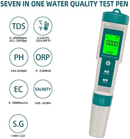Testador de qualidade da água de Nuopaiplus, 7 em 1 salinidade/pH/TDS/EC/ORP/SG/Temp LCD Backlight Water Quality Tester Tester