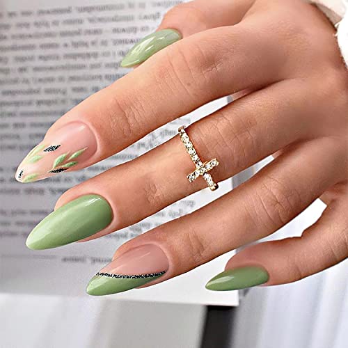 Pressione verde nas unhas em forma de amêndoa unhas falsas dicas francesas unhas falsas com desenhos de folhas verdes