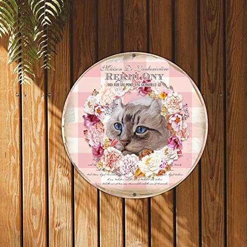 Bomehhjuli Welcome Sign Front for Door Round Metal Sign Vintage Cat Flor Wreath Metal Tin Sign Pink Buffalo Cat House