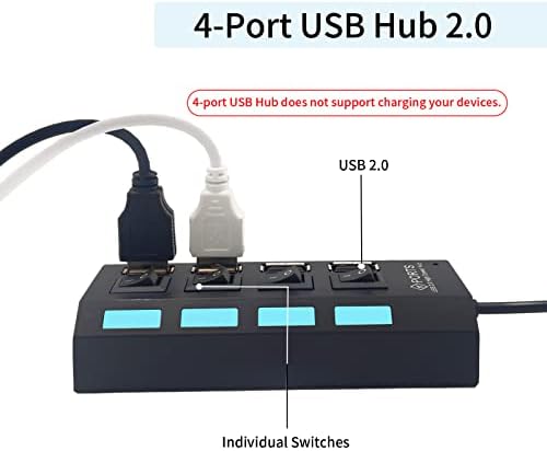 4-porta USB Hub 2.0, Splitter USB USB com interruptores individuais para laptop, computador, teclado e mouse, dispositivos USB