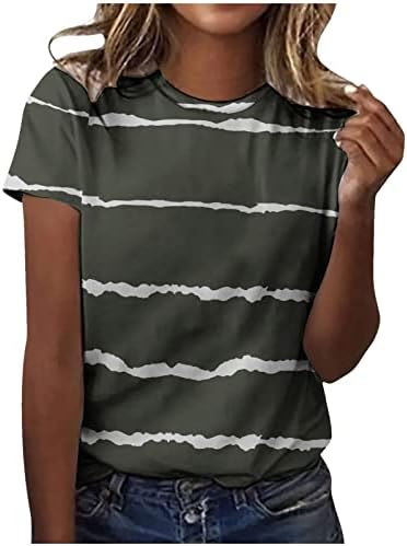 Camiseta feminina de verão de manga curta camisetas de picada de tripulante da moda tampa de estampa listrada sólida blusa de ajuste solto casual camisetas confortáveis