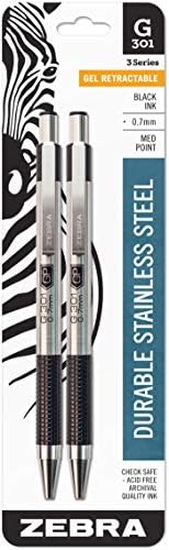 Caneta de gel retrátil de caneta de caneta Zebra G-301, barril de aço inoxidável, ponto médio, 0,7 mm, tinta preta, 2 pacote