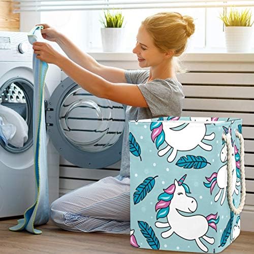 Cesto de lavanderia fofa de desenho unicórnio padrão de folhas de linho dobrável cesta de armazenamento de lavanderia com alças suportes